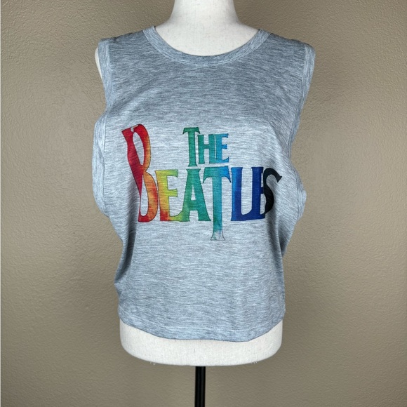 The Beatles Gray/Rainbow Graphic Drop Armhole, Sleeveless Crop Tank. Size- L - Picture 1 of 7